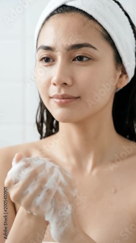 Beautiful woman is washing her face with soap 