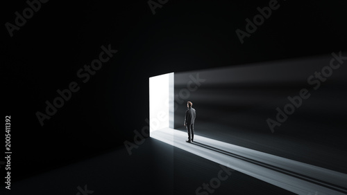 Man standing in dark room looking toward bright open door representing business hope future opportunity and success, 3d render