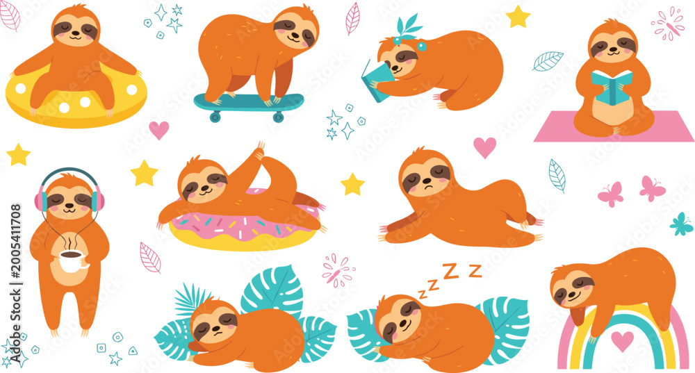 Fototapeta premium Cute Sloth Cartoon Illustration Set Featuring Relaxing Sleeping Reading And Yoga Poses With Tropical Elements For Kids And Fun Design Use.