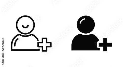 Add user person icon with plus sign outline and solid versions vector graphic for new account creation member invitation and user management in digital applications
