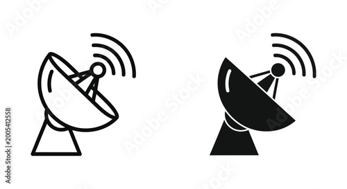 Satellite dish antenna icon with signal waves outline and solid versions vector graphic for global communication broadcasting network connectivity and data transmission technology