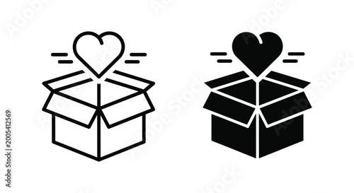 Heart emerging from open cardboard box vector icon set for love delivery