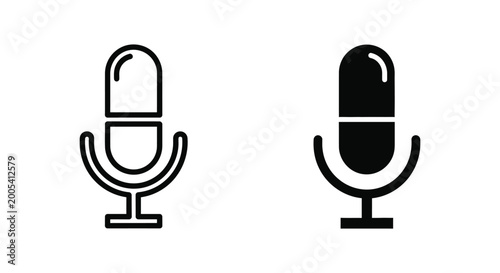 Classic microphone vector icon set in outline and solid black for audio recording