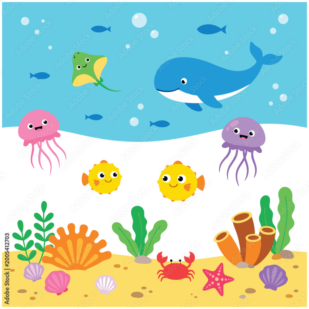Fototapeta premium Happy marine animals swimming in clear ocean water with bright sea floor.