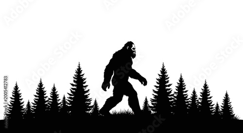 Fotografie Bigfoot silhouette walking through pine forest, mythical creature, cryptid legen