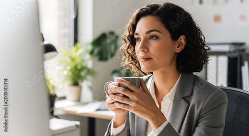 professional woman with coffee cup looking away in modern office environment high quality