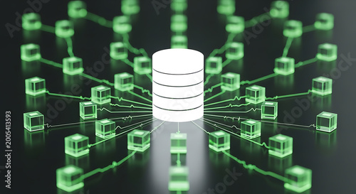 central cylindrical data storage with interconnected network nodes illuminated green high quality professional detailed