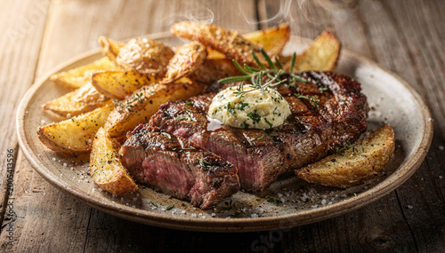 Flavorful Hot Steak and Rustic Potato Wedges with Herb Butter, Food Photography