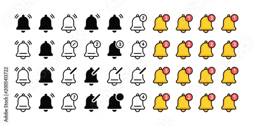 Foto Large notification bell icon set in multiple styles with various alert counts black gold flat outline