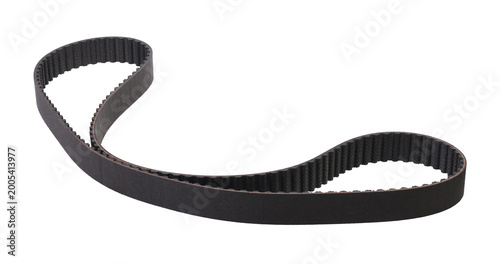 Foto Black automotive timing belt with teeth isolated on white.