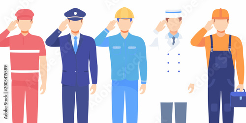 Foto Diverse professions lineup vector illustration of workers saluting