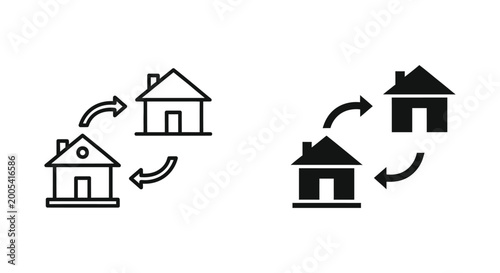 Photos House exchange transfer simple outline and solid black icon set for real estate