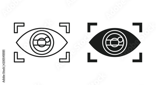Eye with scanning target icon for biometrics and surveillance in outline and solid black vector