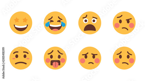 Canvas Print Emoticons Array: A set of eight vividly expressive emoticons, each conveying a distinct emotional state, ready to enhance communication and infuse a touch of personality