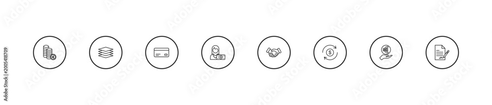 Fototapeta premium outline business icons set - bank card, woman with dollar bill, shaking hands. editable vector for web and mobile ui