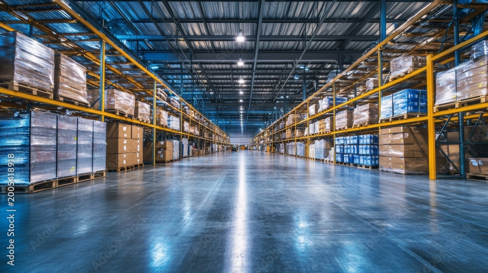 Obraz premium Optimizing logistics operations at a large distribution center with high ceilings and large storage areas