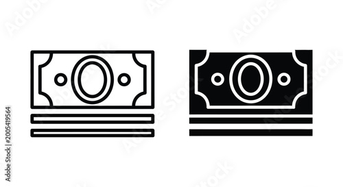 Banknote money bill simple outline and solid black icon set for finance currency and financial transactions vector illustration