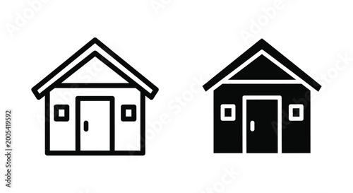 House building simple outline and solid black icon set representing residential property and architecture vector illustration