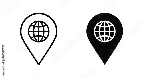 Global location map pin icon in outline and solid styles representing international navigation and worldwide logistics services for digital interface design and web application development projects