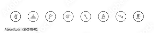 Photography outline construction icons set - inclined ax, five meters ruler, garage wrench