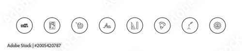 Photos outline education icons set - cart with books, handwriten alphabet, square