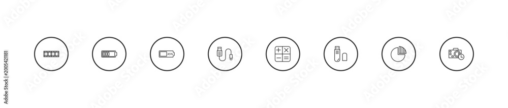 Fototapeta premium outline electronic stuff fill icons set - battery almost full, usb cable, calculating. editable vector for web and mobile ui