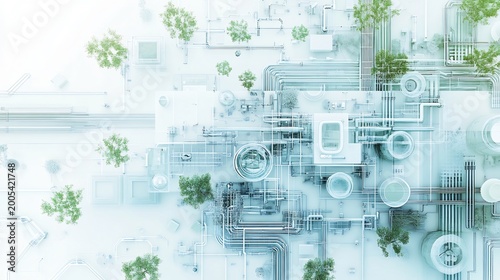 Overhead Perspective of Ai Assisted Urban Water Recycling and Reuse Networks White Background