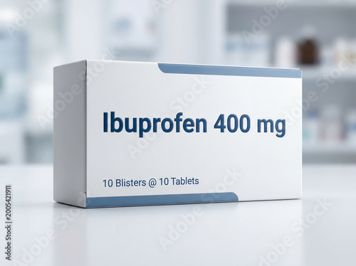 White box of Ibuprofen 400 mg pain relief medicine on a pharmacy counter background