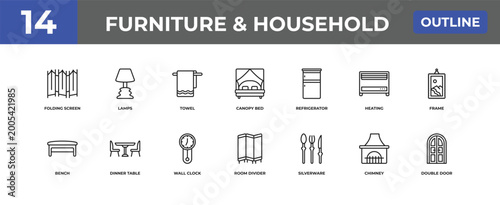 outline furniture & household icons set - folding screen, lamps, chimney. editable vector for web and mobile ui