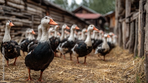 Flock of ducks standing on straw in rustic farmyard