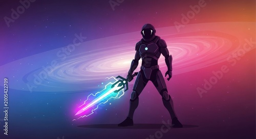 futuristic cyborg warrior holding energy weapon in neon sci-fi environment