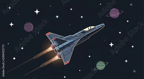 futuristic space shuttle launching in deep space with planets and stars