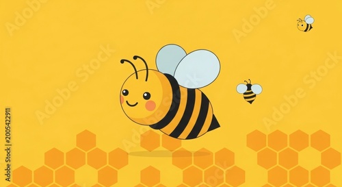 happy bee flying with honeycomb background