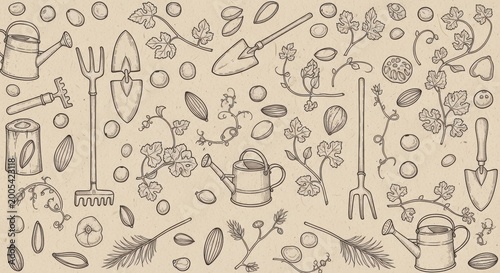 seamless gardening tools and plant illustration pattern
