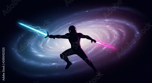 Silhouette of a person wielding dual glowing swords in space