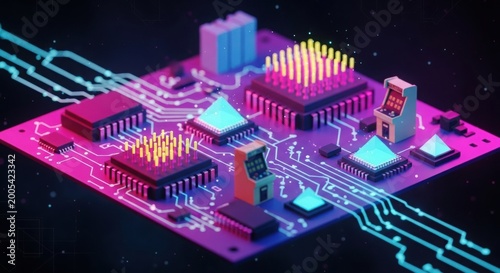 Vibrant circuit board with glowing neon lights and microchips