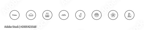 outline nautical icons set - life jacket, watercraft, fishing hook. editable vector for web and mobile ui