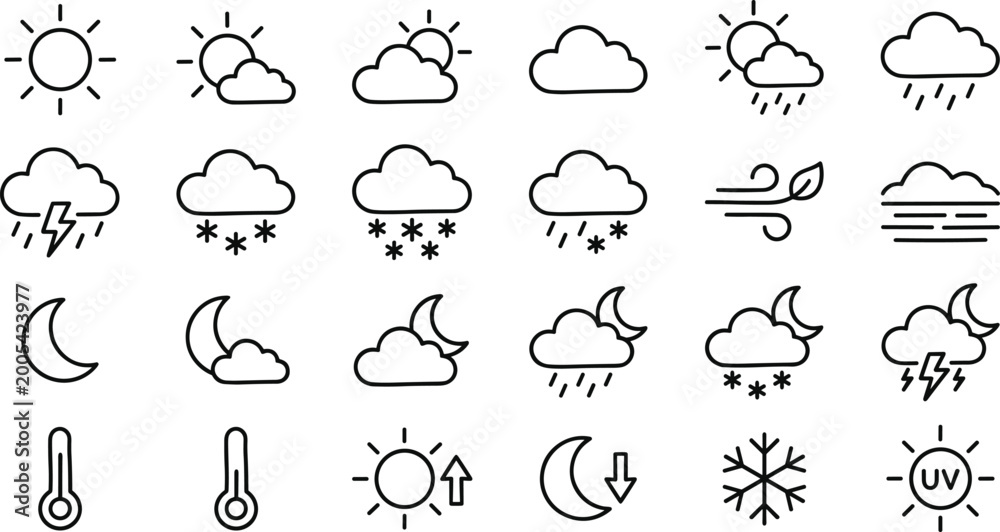 Obraz premium weather forecast icons collection with sun cloud rain snow and moon symbols on transparent background