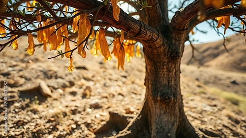 Frankincense tree on a dry hillside with golden resin droplets.