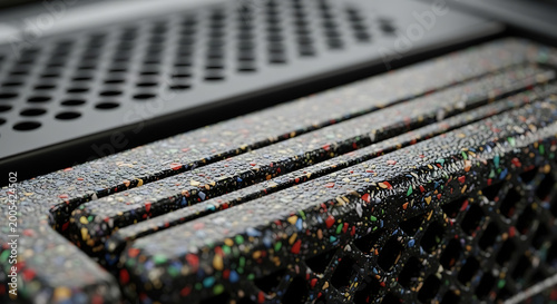 close up of textured black plastic grille with colorful flecks macro photography