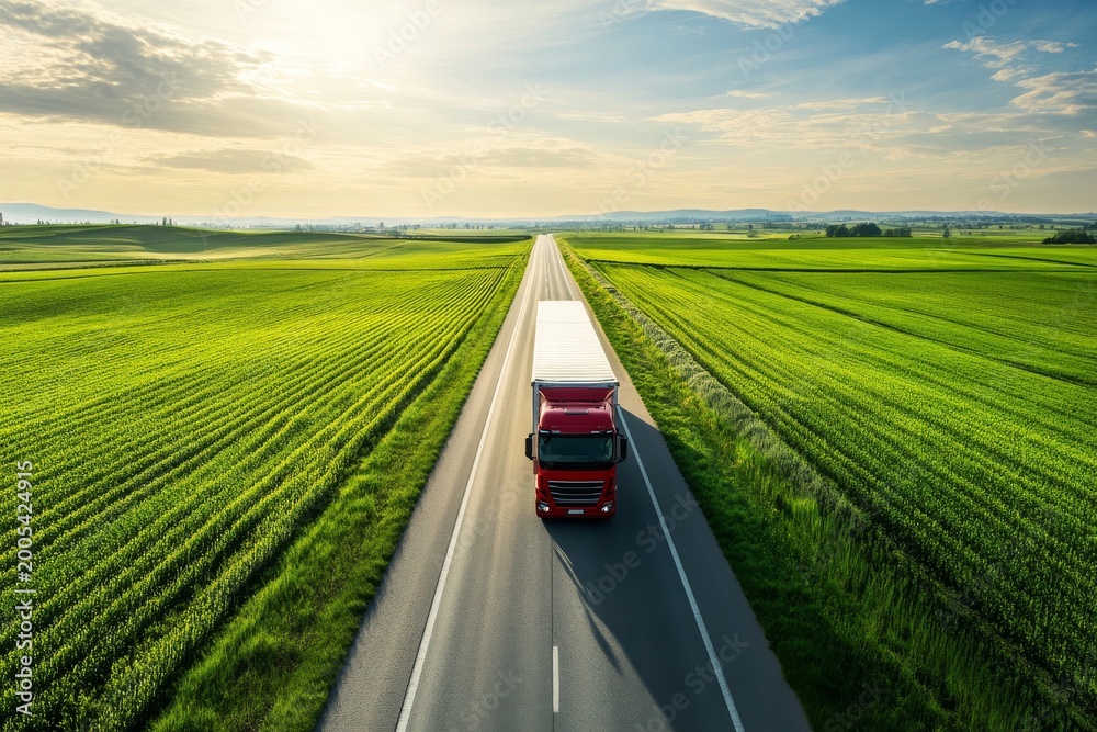 Fototapeta premium Truck drives along open road surrounded by green fields on a sunny day