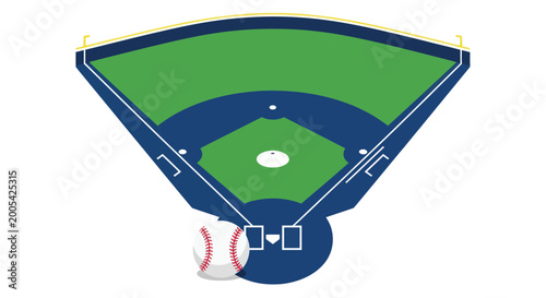 Foto Baseball Field Top View with Ball, Green Grass, Blue Infield, Diamond Shape
