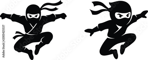 Cuadro en lienzo Jumping Ninja Silhouette Vector Set, Minimalist Shinobi Character Icon, Flat Des