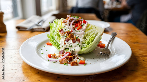 Wedge salad with dressing and toppings on white plate in warm natural lighting for restaurant menu