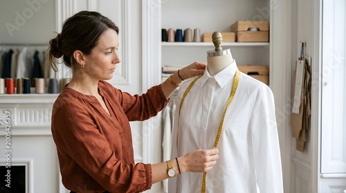 Female tailor measuring white dress shirt on mannequin in cozy well-organized sewing room for fashion design