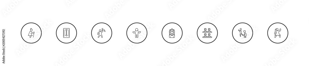 Fototapeta premium outline people icons set - man making soap bubbles, crucified pose, bride avatar. editable vector for web and mobile ui
