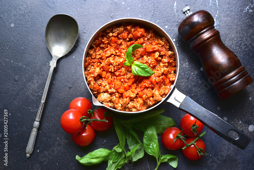 Traditional italian tomato sauce bolognese. Top view with copy space.