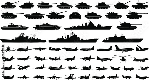 Konstfotografi Comprehensive Military Equipment Silhouette Set Featuring Main Battle Tanks, Nav
