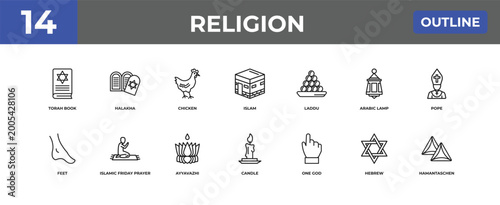 Foto outline religion icons set - torah book, halakha, hebrew