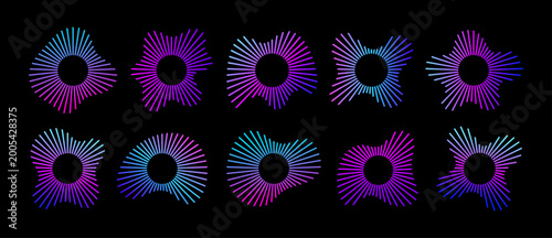 Neon radial sound wave circles set, abstract audio spectrum visualizer rings in blue purple gradient on black background. Curved frequency patterns of dynamic equalizer lines for digital music design